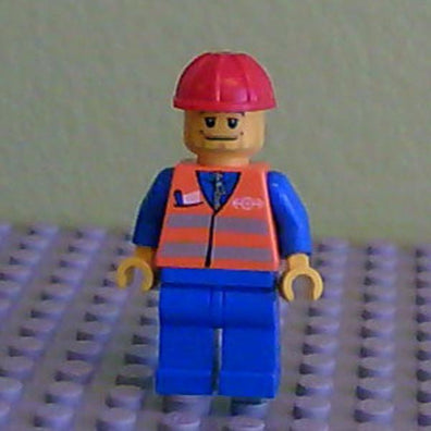 LEGO Minifigure-Orange Vest with Safety Stripes - Blue Legs, Beard Stubble, Red Construction Helmet-Train-TRN002-Creative Brick Builders